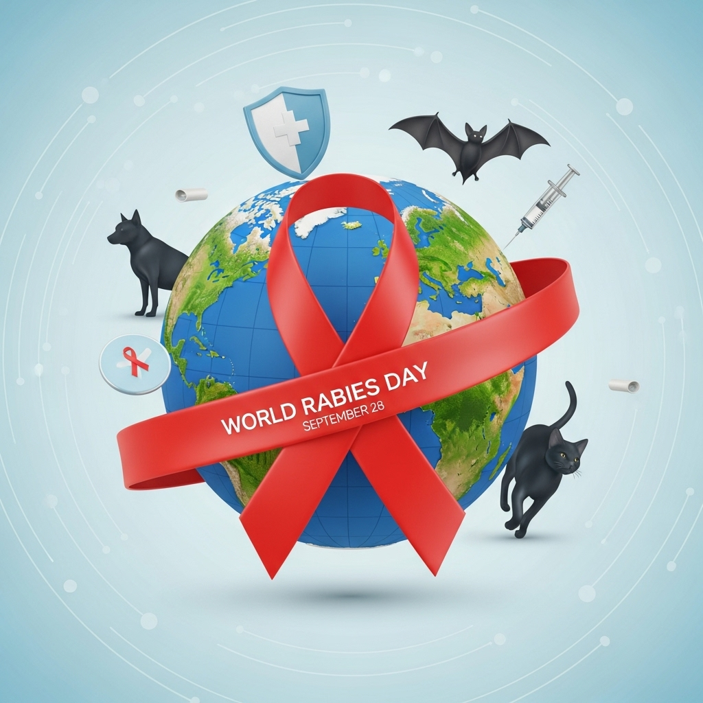 World Rabies Day Awareness with Red Ribbon and Health Icons